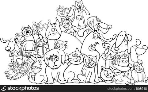 Black and White Cartoon Illustration of Funny Dogs and Cats Characters Group Coloring Book