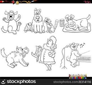 Black and white cartoon illustration of funny dogs and pets animal characters set coloring page