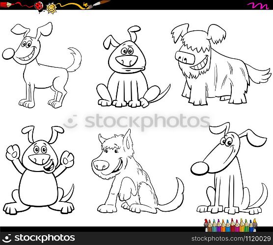Black and White Cartoon Illustration of Funny Dogs and Puppies Animal Characters Set Coloring Book Page
