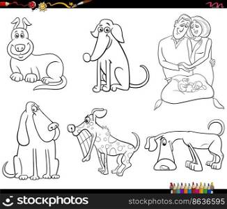 Black and white cartoon illustration of funny dogs and puppies characters set coloring page
