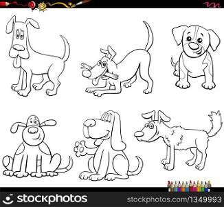 Black and White Cartoon Illustration of Funny Dogs and Puppies Comic Animal Characters Set Coloring Book Page