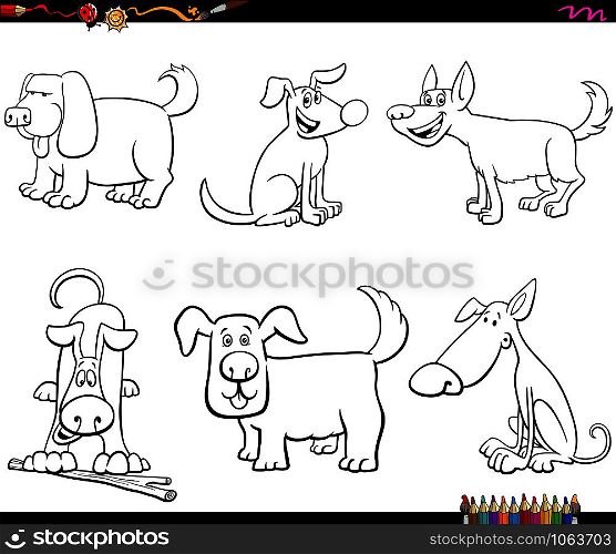 Black and White Cartoon Illustration of Funny Dogs Animal Characters Set Coloring Book Page