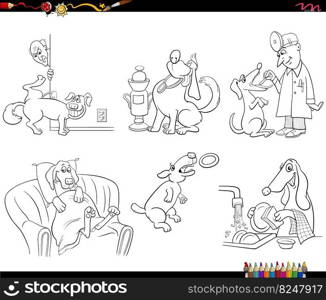 Black and white cartoon illustration of funny dogs animal characters set coloring page