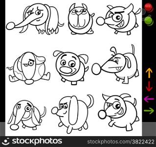 Black and White Cartoon Illustration of Funny Dogs Animal Characters with Buttons for Application or Video Game