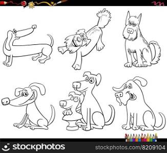 Black and white cartoon illustration of funny dogs comic animal characters set coloring page