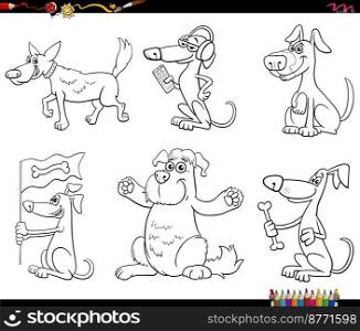 Black and white cartoon illustration of funny dogs comic animal characters set coloring page