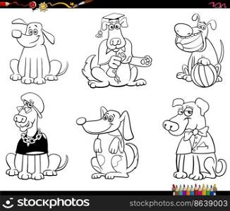 Black and white cartoon illustration of funny dogs comic characters set coloring page