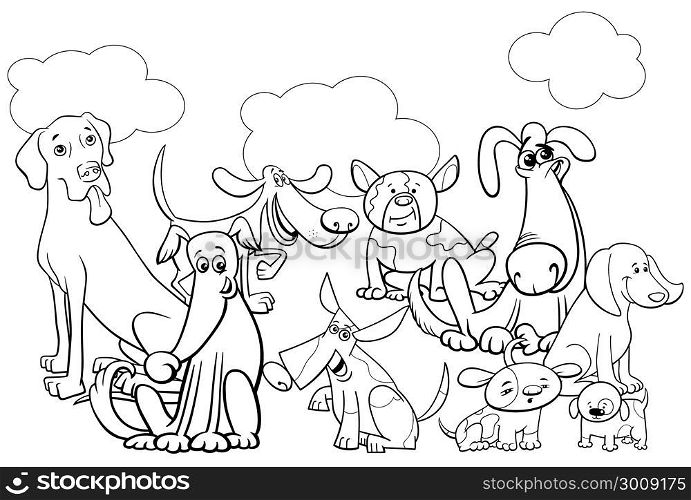 Black and White Cartoon Illustration of Funny Dogs Pet Animal Characters Group Coloring Book
