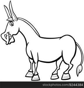 Black and white cartoon illustration of funny donkey farm animal character coloring page