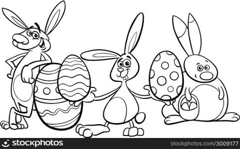 Black and White Cartoon Illustration of Funny Easter Bunnies Characters with Colored Eggs Coloring Book