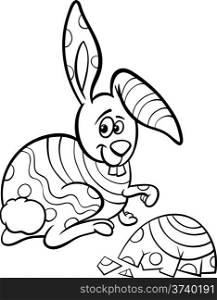 Black and White Cartoon Illustration of Funny Easter Bunny which was Hatched from an Egg for Coloring Book