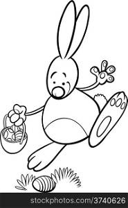 Black and White Cartoon Illustration of Funny Easter Bunny with Basket Looking for Paschal Eggs for Coloring Book