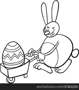 Black and White Cartoon Illustration of Funny Easter Bunny with Big Egg on Wheelbarrow for Coloring Book