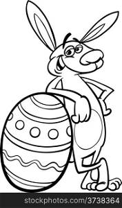 Black and White Cartoon Illustration of Funny Easter Bunny with Colored Egg for Coloring Book