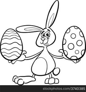 Black and White Cartoon Illustration of Funny Easter Bunny with Colored Eggs for Coloring Book