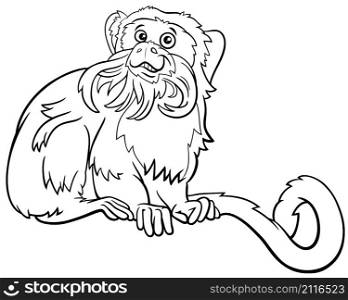 Black and white cartoon illustration of funny emperor tamarin animal character coloring book page