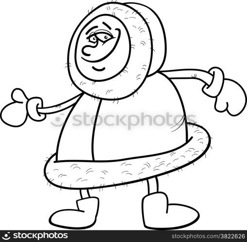 Black and White Cartoon Illustration of Funny Eskimo or Lapp Man for Coloring Book