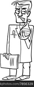 Black and White Cartoon Illustration of Funny Evil Scientist with Substance in Vial for Coloring Book