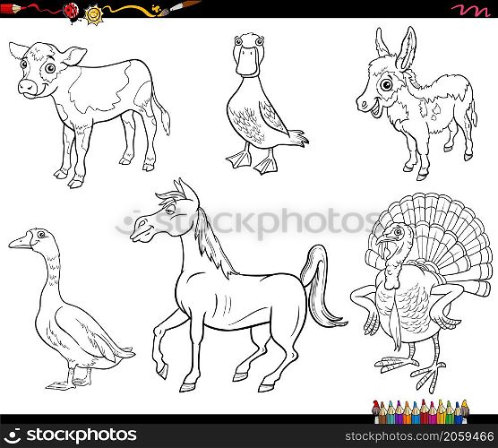 Black and white cartoon illustration of funny farm animal characters set coloring book page