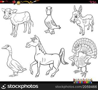 Black and white cartoon illustration of funny farm animal characters set coloring book page