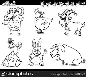 Black and White Cartoon Illustration of Funny Farm Animal Comic Characters Set Coloring Book