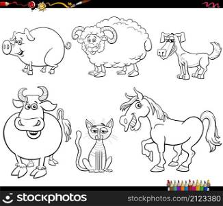 Black and white cartoon illustration of funny farm animals comic characters set coloring book page