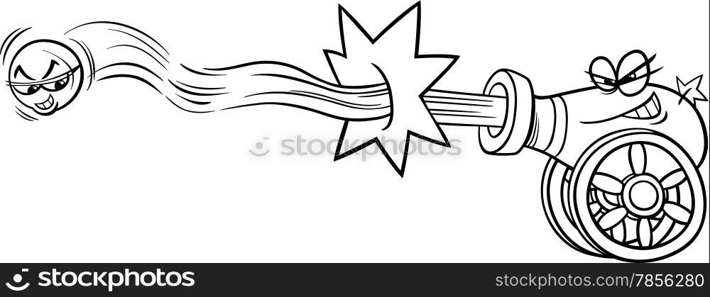 Black and White Cartoon Illustration of Funny Firing Cannon and Cannonball for Coloring Book