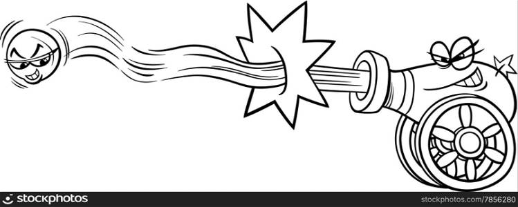 Black and White Cartoon Illustration of Funny Firing Cannon and Cannonball for Coloring Book