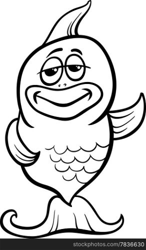Black and White Cartoon Illustration of Funny Fish Character for Coloring Book