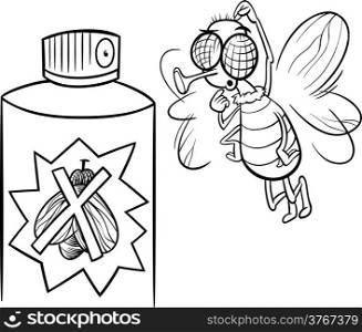 Black and White Cartoon Illustration of Funny Fly and Bug Spray for Coloring Book