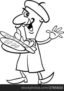 Black and White Cartoon Illustration of Funny French Baker or Cook with Croissant and Bread for Coloring Book