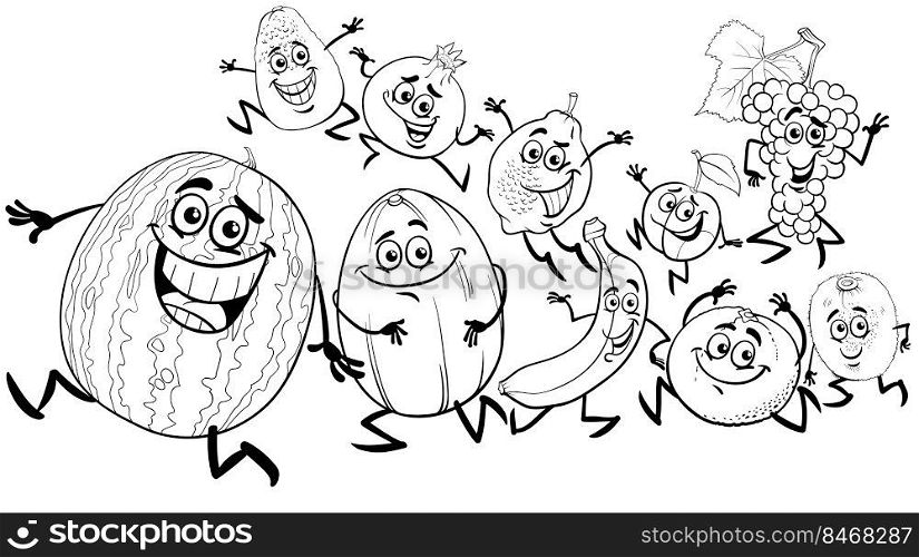 Black and white cartoon illustration of funny fruit comic characters group coloring page