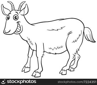 Black and white cartoon illustration of funny goat farm animal character coloring book page