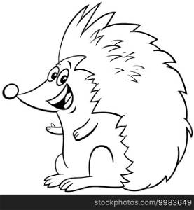 Black and white cartoon illustration of funny hedgehog wild animal character coloring book page