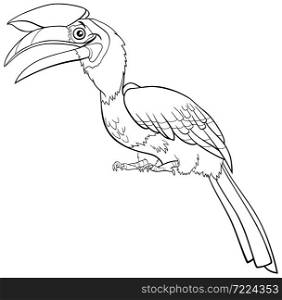 Black and white cartoon illustration of funny hornbill bird animal character coloring book page