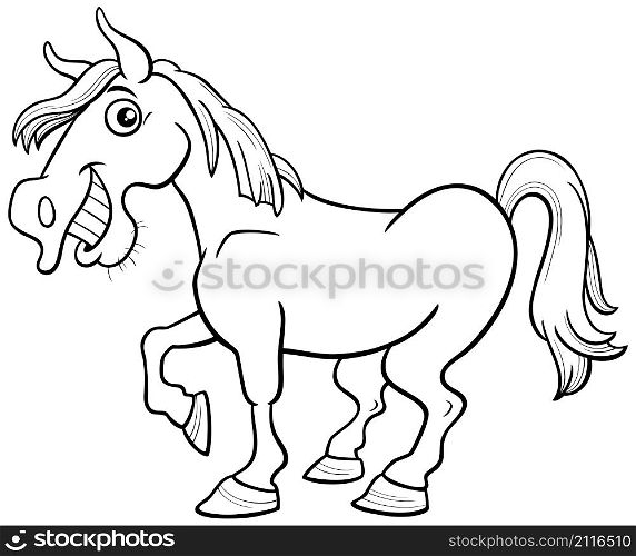 Black and white cartoon illustration of funny horse farm animal character coloring book page