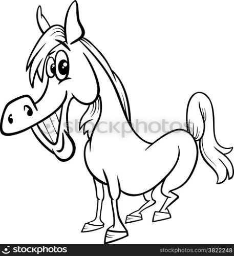 Black and White Cartoon Illustration of Funny Horse Farm Animal for Coloring Book