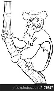 Black and white cartoon illustration of funny indri animal character coloring book page