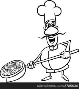 Black and White Cartoon Illustration of Funny Italian Cook or Chef with Pizza for Coloring Book
