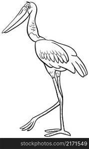 Black and white cartoon illustration of funny jabiru bird comic animal character coloring book page