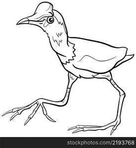 Black and white cartoon illustration of funny jacana bird animal character coloring book page