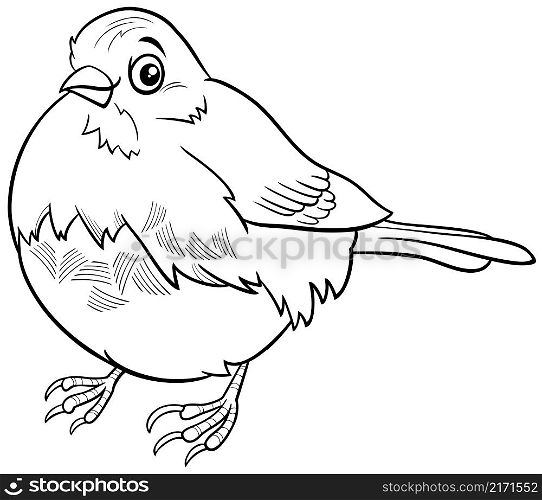 Black and white cartoon illustration of funny junco bird animal character coloring book page