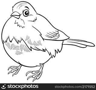 Black and white cartoon illustration of funny junco bird animal character coloring book page