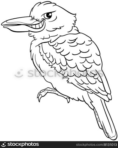 Black and white cartoon illustration of funny kookaburra bird animal character coloring page