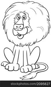 Black and white cartoon illustration of funny lion comic animal character coloring book page