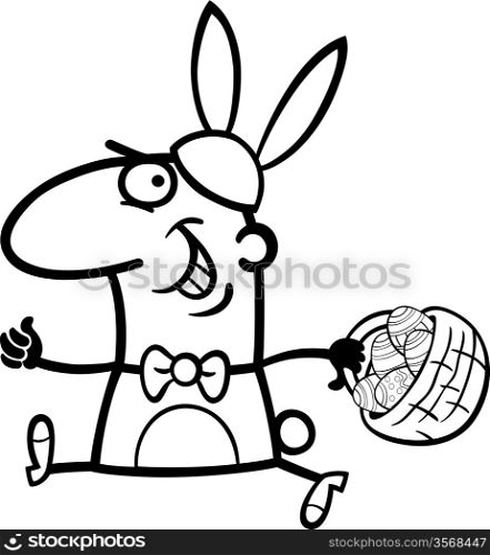 Black and White Cartoon Illustration of Funny Man in Easter Bunny Costume running with Easter Eggs in a Basket for Coloring Book
