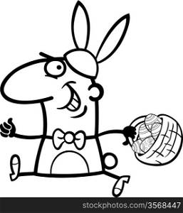 Black and White Cartoon Illustration of Funny Man in Easter Bunny Costume running with Easter Eggs in a Basket for Coloring Book