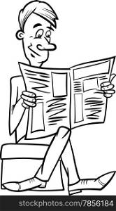 Black and White Cartoon illustration of Funny Man Reading a Newspaper for Coloring Book