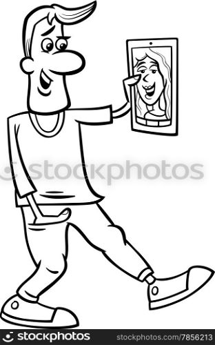Black and White Cartoon illustration of Funny Man Video Chatting on Tablet or Phone for Coloring Book