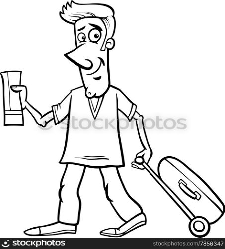 Black and White Cartoon illustration of Funny Man with a Plane Ticket and Baggage for Coloring Book